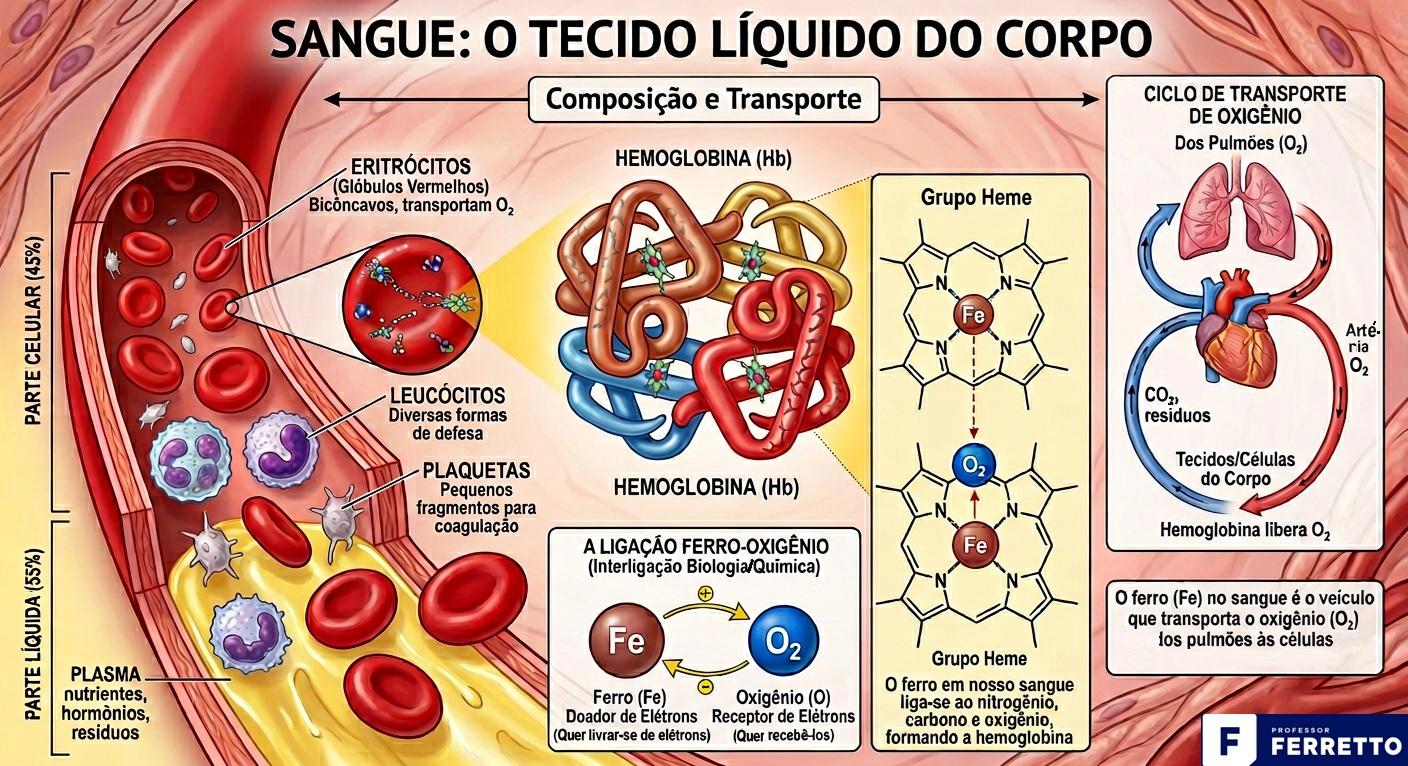 Ilustração do sangue, composição e de como transporta oxigênio, através de ligação química com o ferro, até as células.