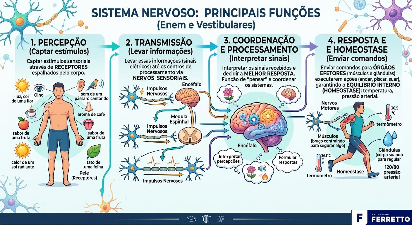 Ilustração retratando as funções principais do sistema nervoso, reunidas em quatro grupos principias, percepção, transmissão, coordenação e resposta.