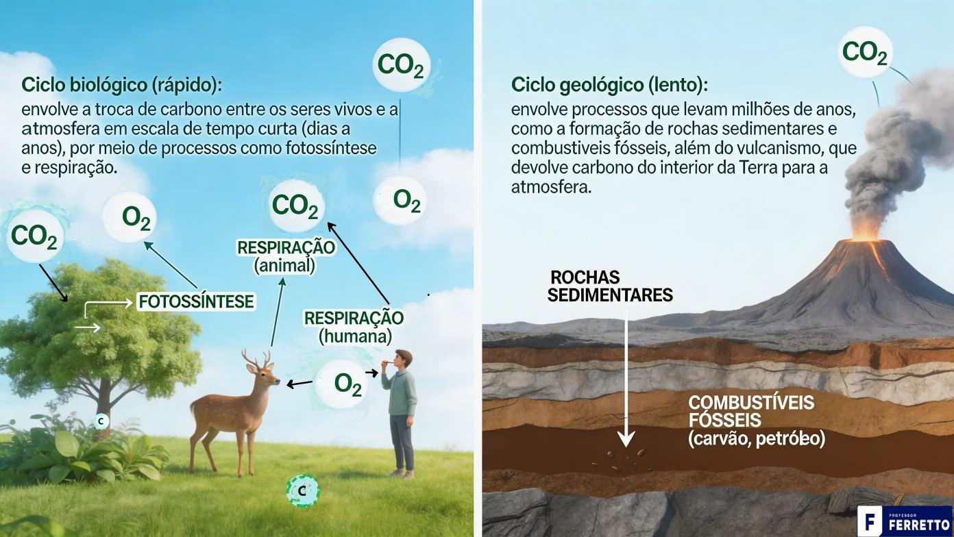 Imagem com a representação do ciclo do carbono biológico (rápido) e geológico (lento).