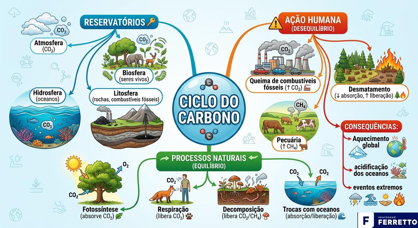 Imagem de um mapa mental para estudo do tema ciclo do carbono para Enem e vestibulares.
