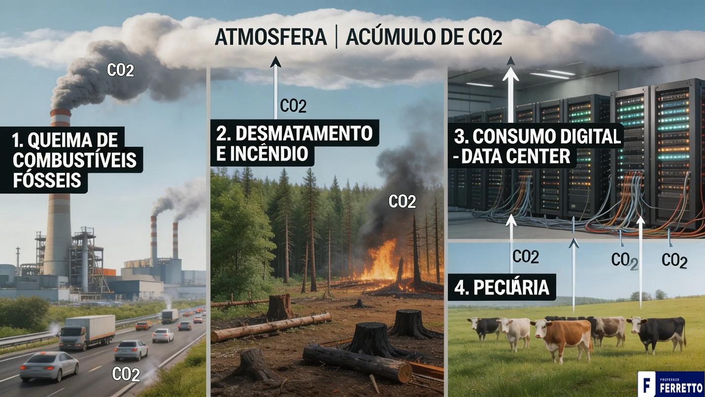 Imagem representando o impacto humano no ciclo do carbono, como queima de combustíveis, desmatamento, consumo de energia e pecuária.