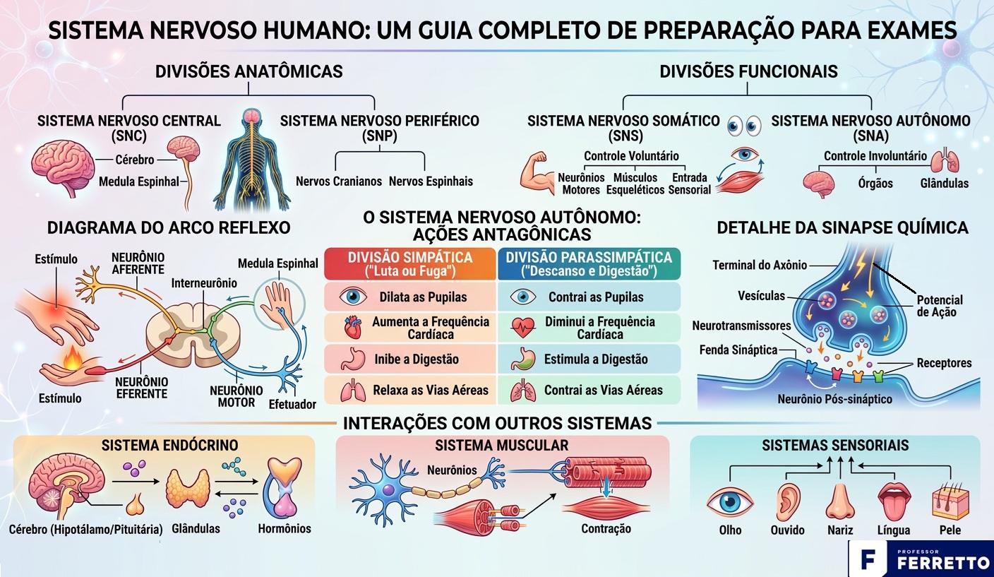 Imagem resumo sobre os diferentes pontos que podem ser cobrados no Enem ou vestibulares sobre o sistema nervoso.