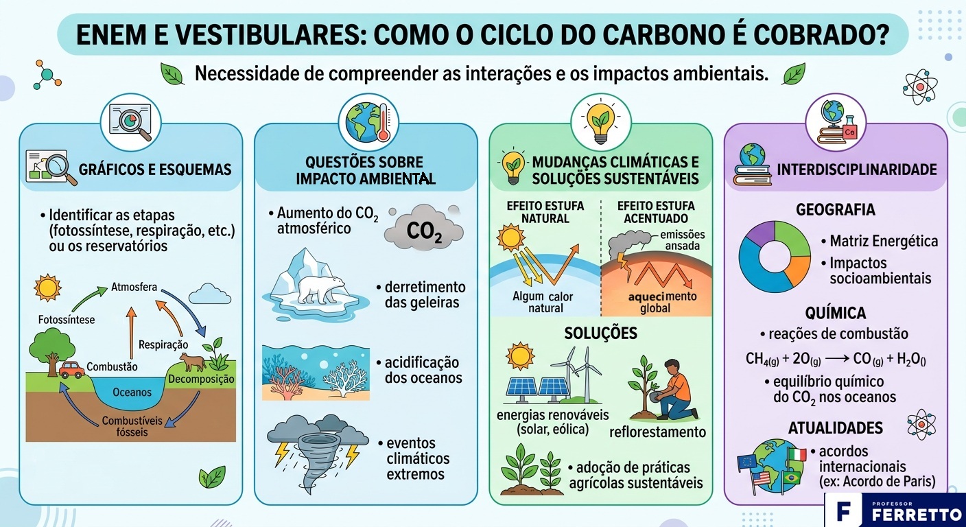 Infográfico com dicas de estudo para Enem e vestibulares sobre ciclo do carbono. 
