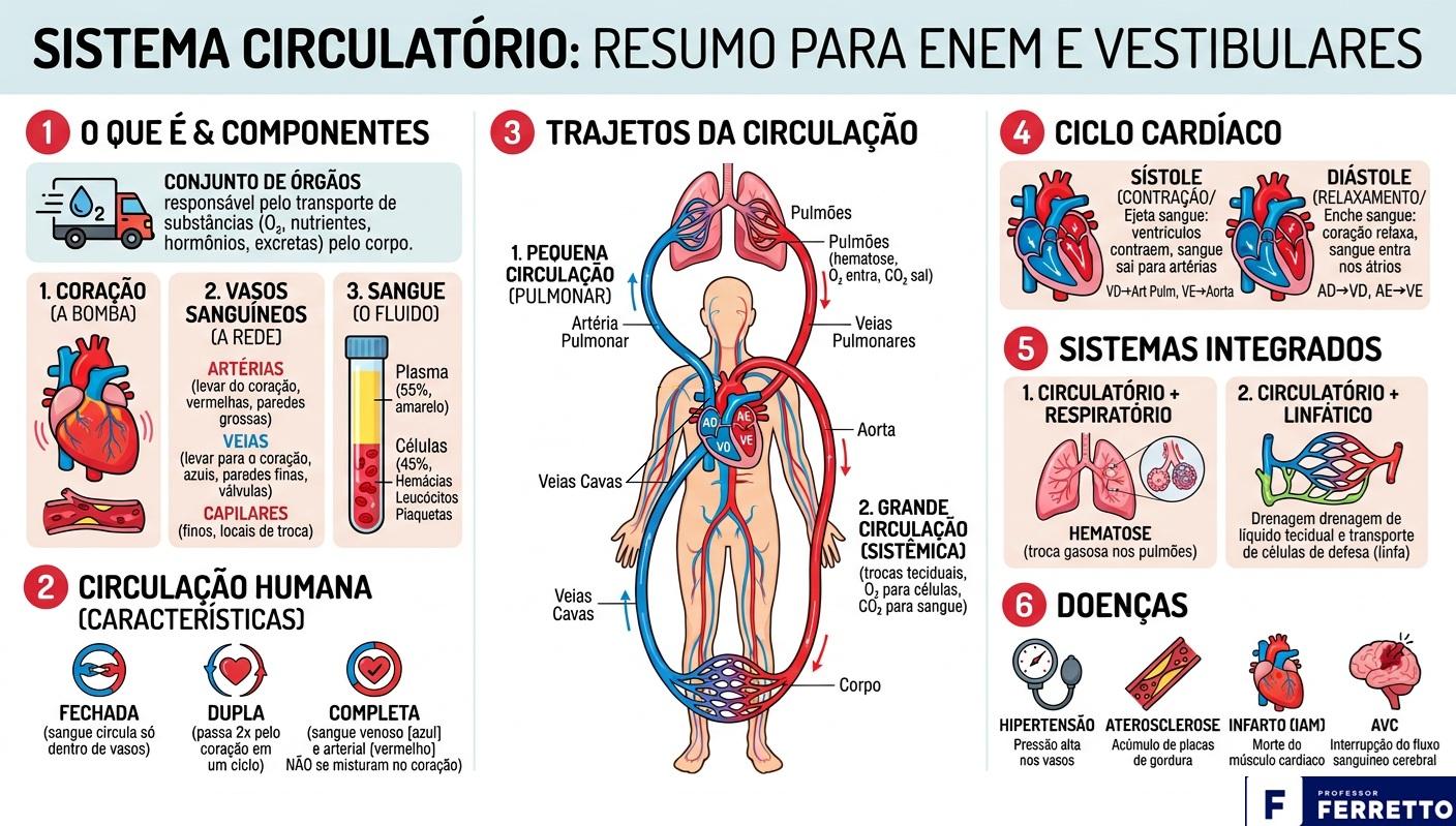 Infográfico resumo do sistema circulatório.