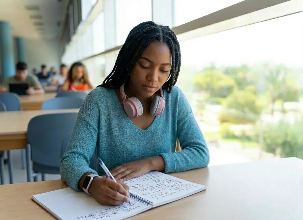 Jovem negra de tranças escrevendo em um caderno em uma biblioteca, mantendo sua rotina de estudos para o ENEM.