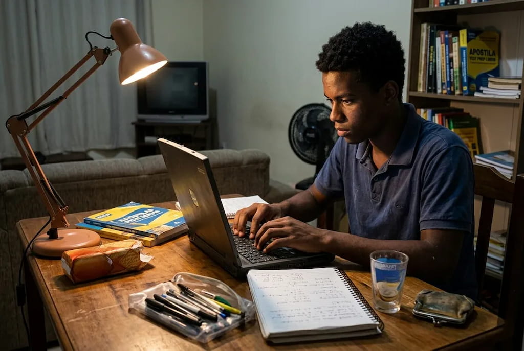 Jovem concentrado ao notebook com apostilas, focado em como começar a estudar para o ENEM durante a noite.