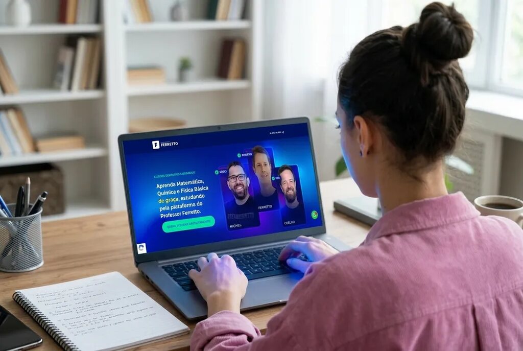 Mulher vista de costas usando um notebook para acessar a plataforma do Professor Ferretto. A tela do notebook exibe cursos gratuitos de exatas que servem como dicas para os estudos online.