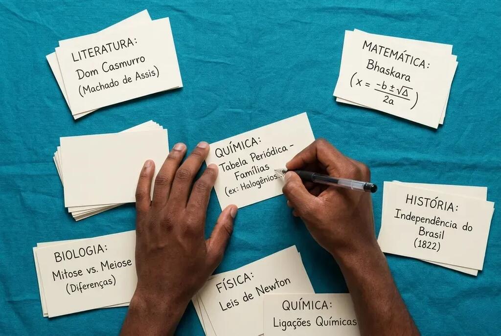 Visão aérea de mãos escrevendo em cartões de memória (flashcards) sobre diversos temas como Química, Literatura e Biologia, representando dicas para os estudos.