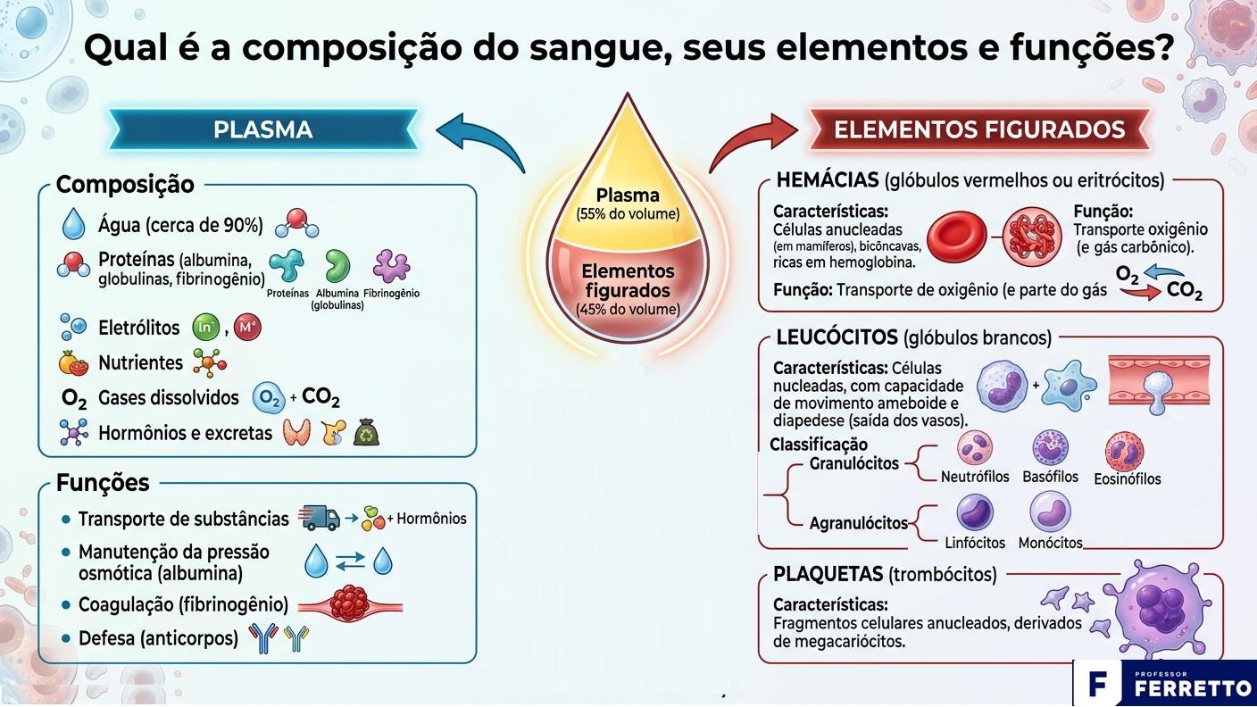 Ilustração da composição do sangue, seus elementos e respectivas funções.