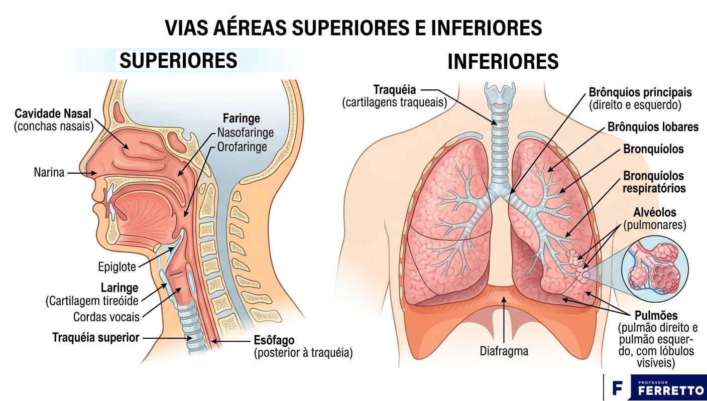Ilustração das vias aéreas superiores e inferiores do sistema respiratório.