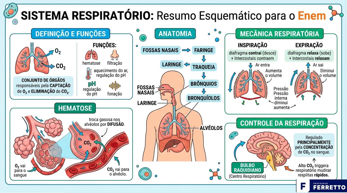 Ilustração esquemática resumida do sistema respiratório.