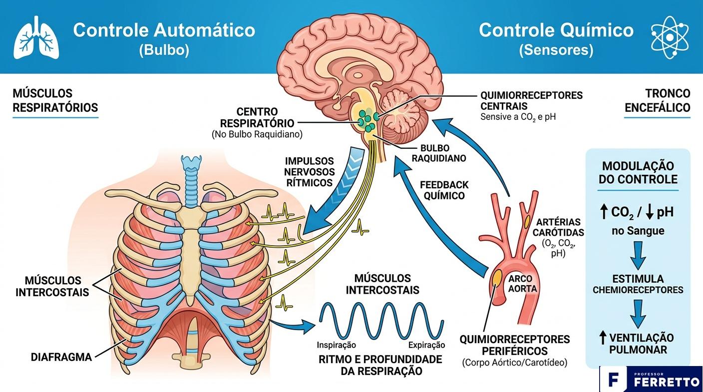 Ilustração sobre o controle automático e químico do processo respiratório.