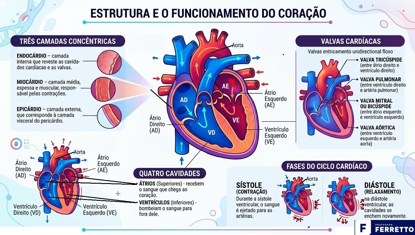 Imagem apresenta a estrutura e funcionamento do coração