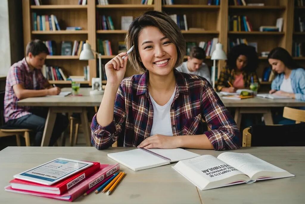 Estudante sorri enquanto revisa conteúdos de vestibular em uma biblioteca; uma cena que motiva jovens a estudar para o ENEM grátis com foco e organização.