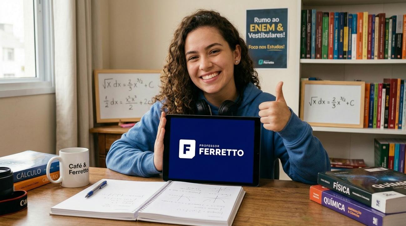 Quadro ilustrativo em que uma estudante segura um tablet e atesta a qualidade do Curso do Professor Ferretto