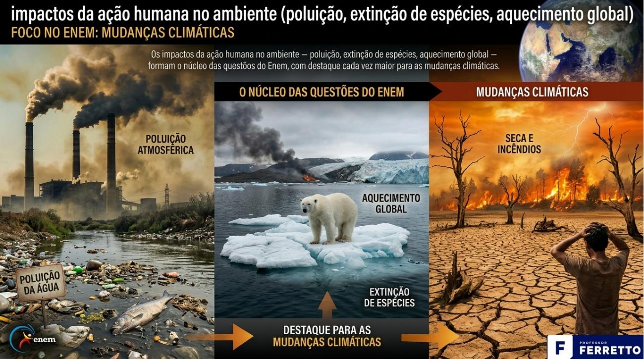 A atividade humana tem causado desequilíbrio ambiental através da poluição, causando aquecimento global, que resultam em secas, incêndios e ameaça espécies. 