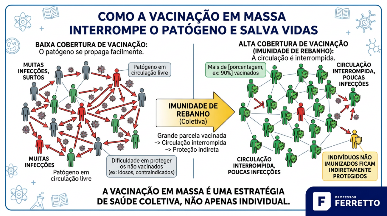A vacinação em massa interrompe o patógeno e salva vidas, pois funciona como imunização de rebanho.