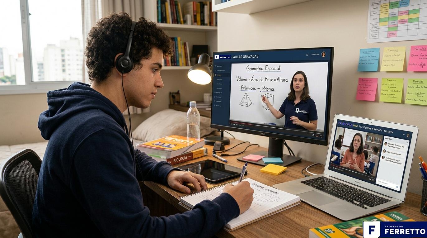 Estudante assistindo a uma videoaula de Geometria Espacial em um monitor enquanto participa de uma aula ao vivo em um notebook, em uma plataforma de cursinho online