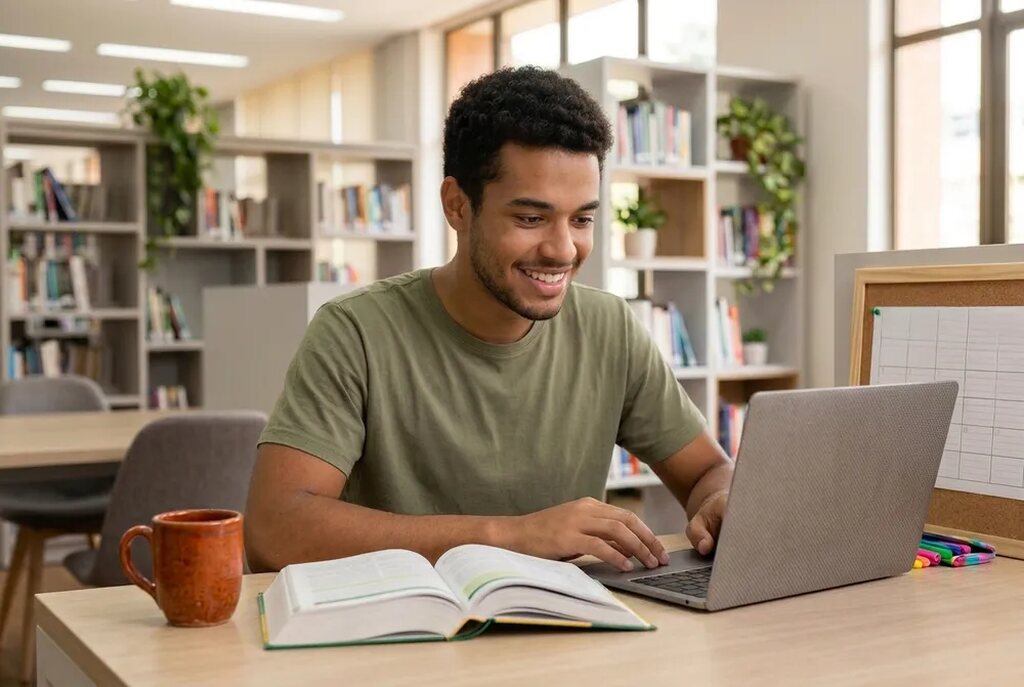 Jovem sorri ao usar notebook e livros para estudar os conteúdos do ENEM 2026 em uma biblioteca.