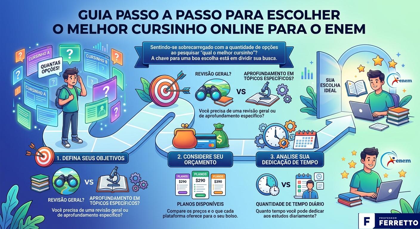 Guia visual com 3 passos para escolher o melhor cursinho online para o Enem: definir objetivos, considerar orçamento e avaliar o tempo disponível para estudar