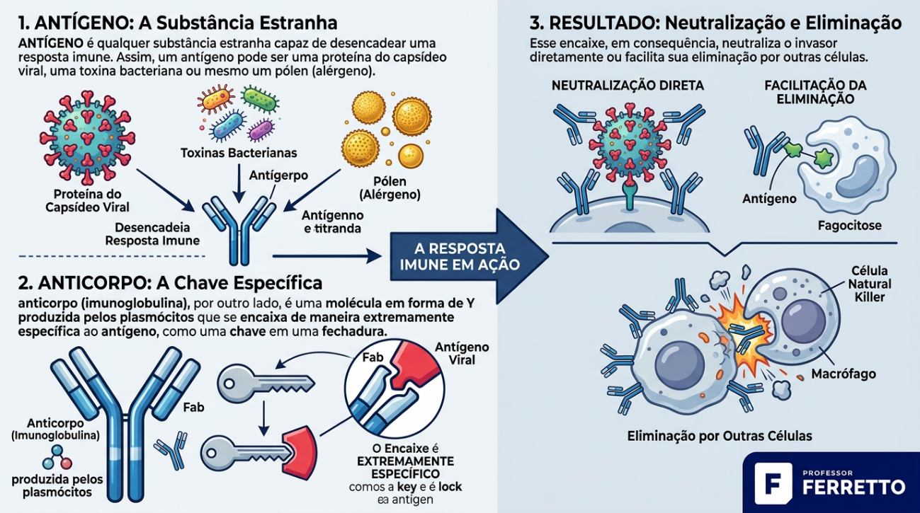 Ilustração de como se opera a defesa do organismo através do anticorpo que se encaixa como uma chave bloqueadora no antígeno.