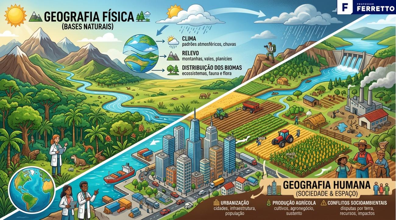 Ilustração sobre a Geografia Física, que fornece as bases para entender o clima, o relevo e a distribuição dos biomas e a A Geografia Humana, que por sua vez traz questões sobre urbanização, produção agrícola e conflitos socioambientais.
