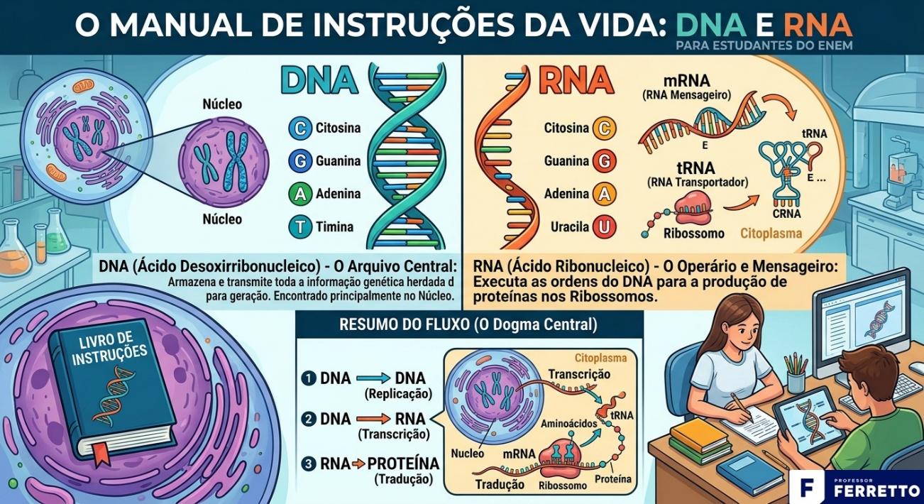 Imagem com as diferenças entre DNA e RNA e suas respectivas funções