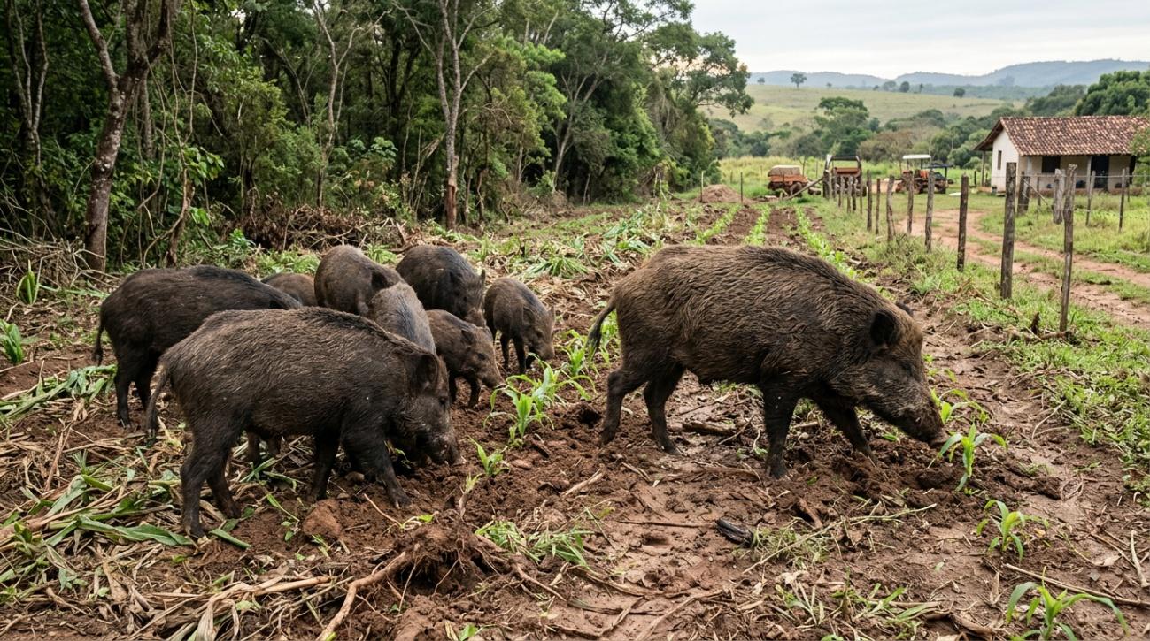 Imagem do Javaporco, uma espécie invasora europeia que virou praga no Brasil. Devasta lavouras em diferentes estados brasileiros. 