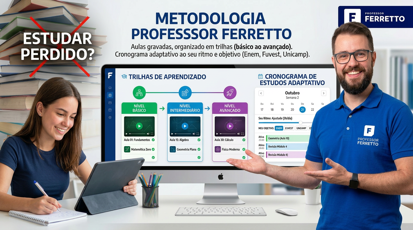 imagem ilustrativa da metodologia do Professor Ferreto que vai do nível básico ao avançado.