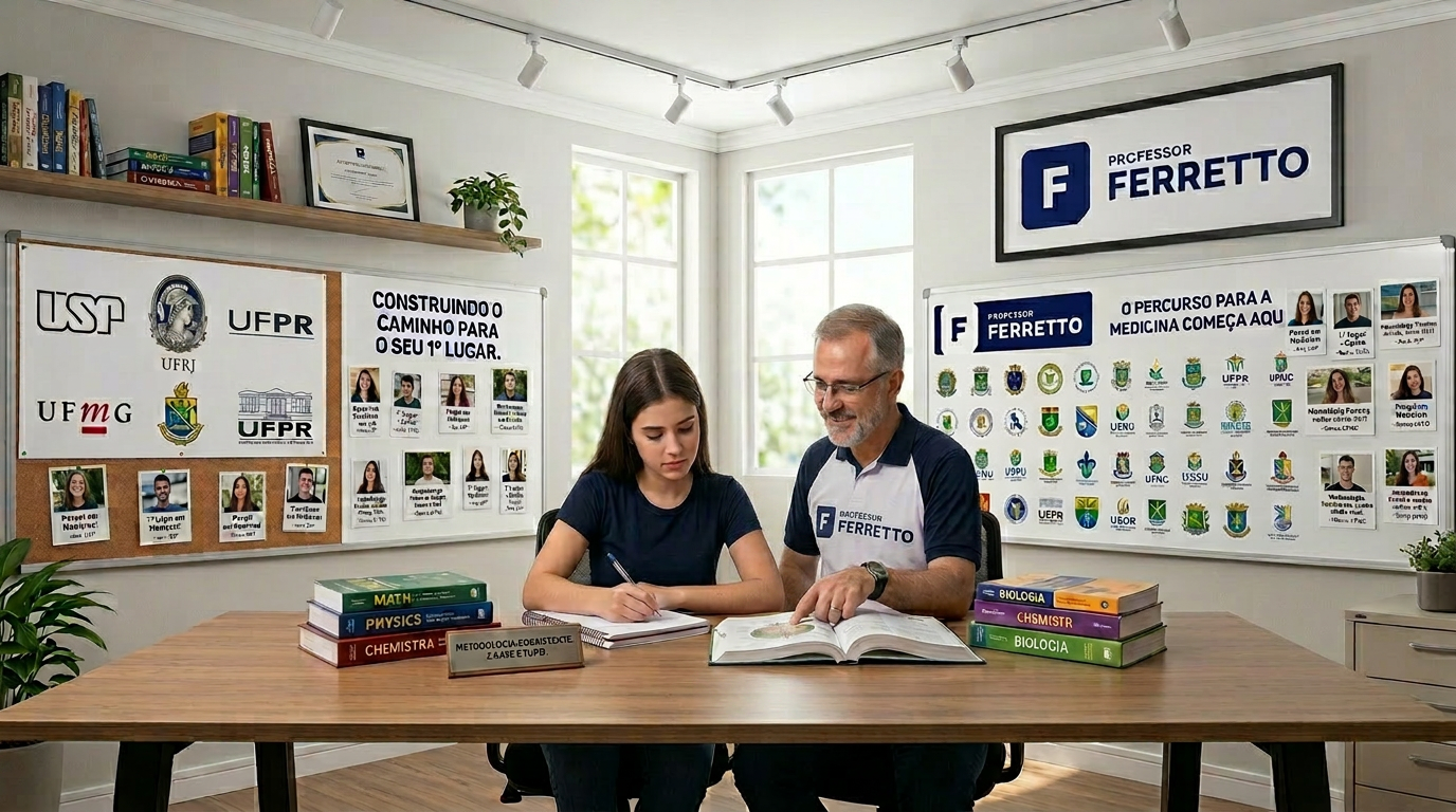 Imagem ilustrativa destacando a qualidade do Cursinho Professor Ferretto com aprovações em 1º lugar nas principais universidades do país, como USP, UFRJ, UFMG, UFPR, entre outras.