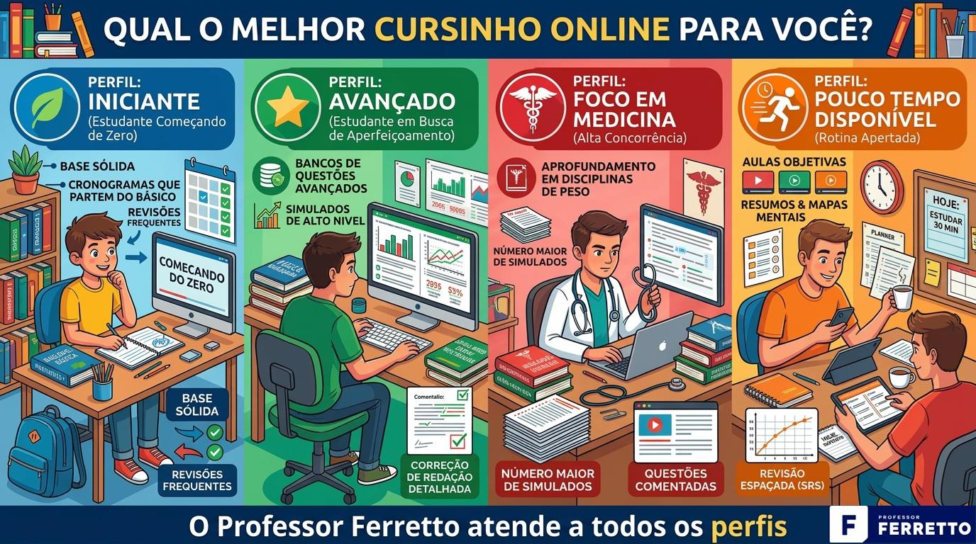 Infográfico comparando quatro perfis de estudante — iniciante, avançado, foco em Medicina e pouco tempo disponível — com os recursos mais indicados para cada um