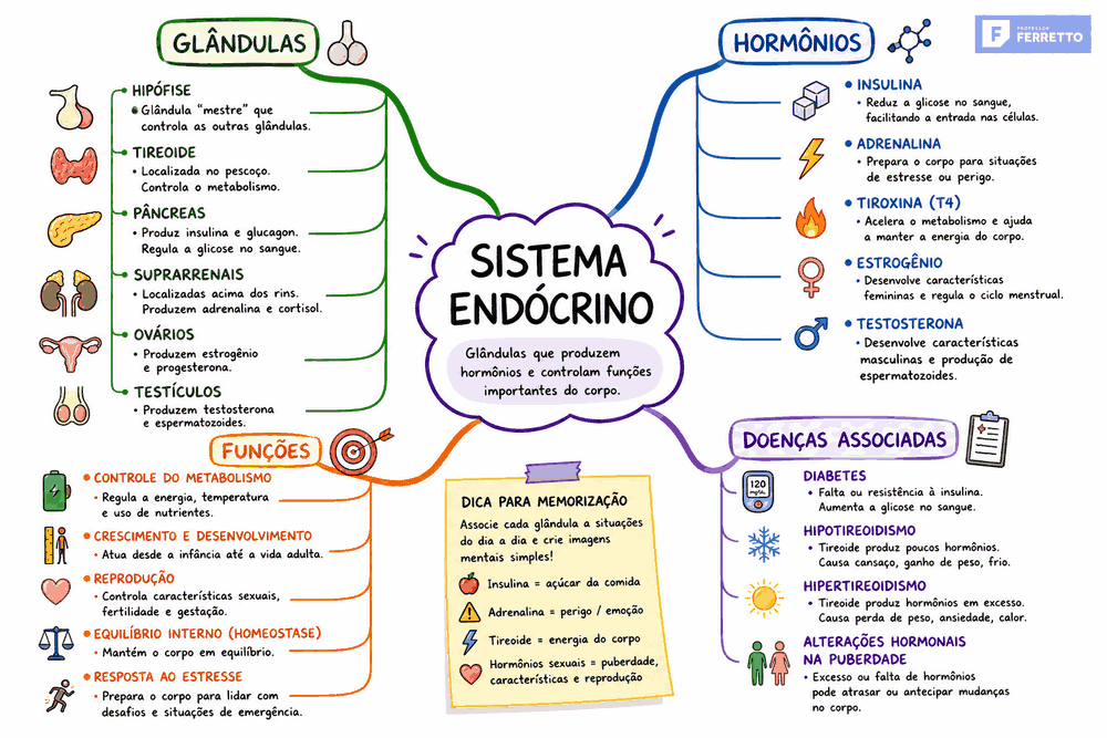 Mapa mental detalhando glândulas, hormônios e funções do sistema endócrino.