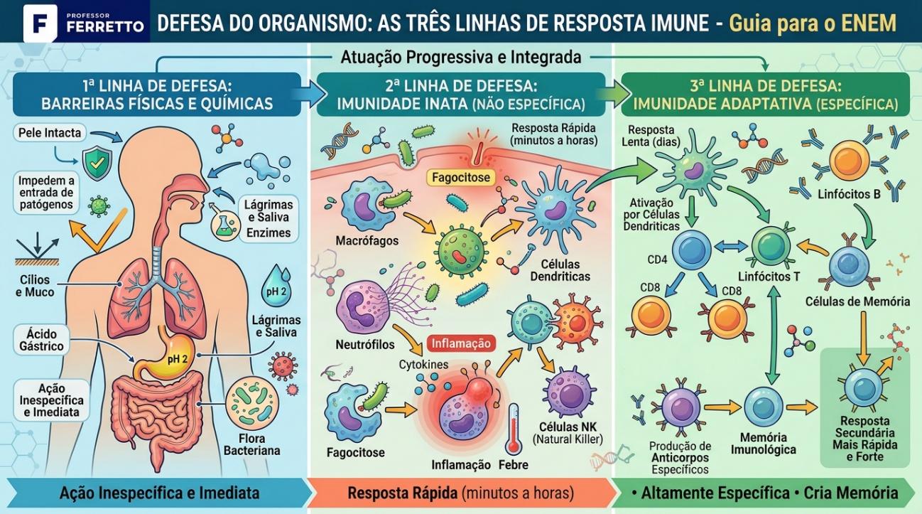 O sistema imunológico é dividido em três linhas de defesa: barreiras físicas e químicas; imunidade inata e imunidade adaptativa.