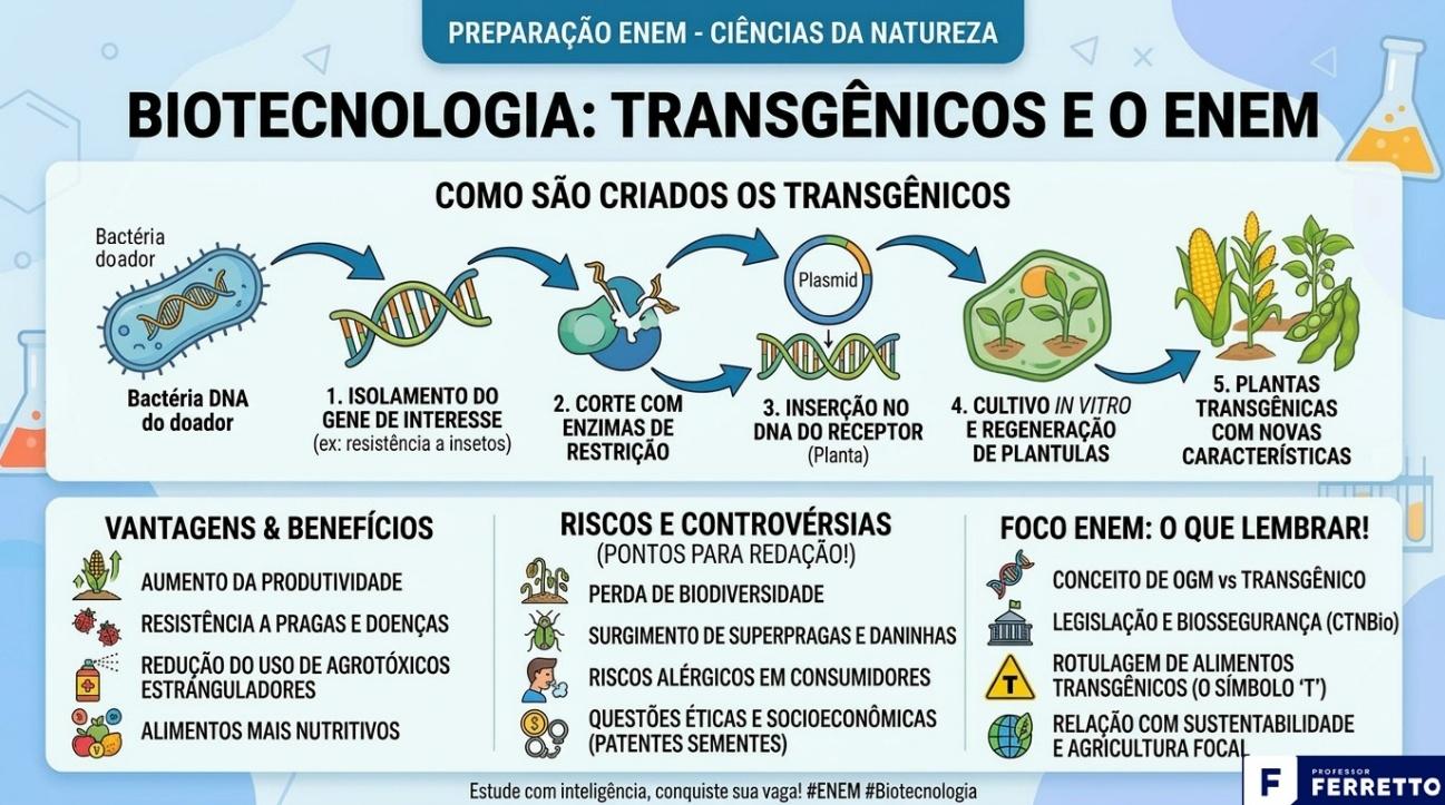 Quadro ilustrativo de como são obtidos os transgênicos, suas vantagens e benefícios, bem como algumas controvérsias. 