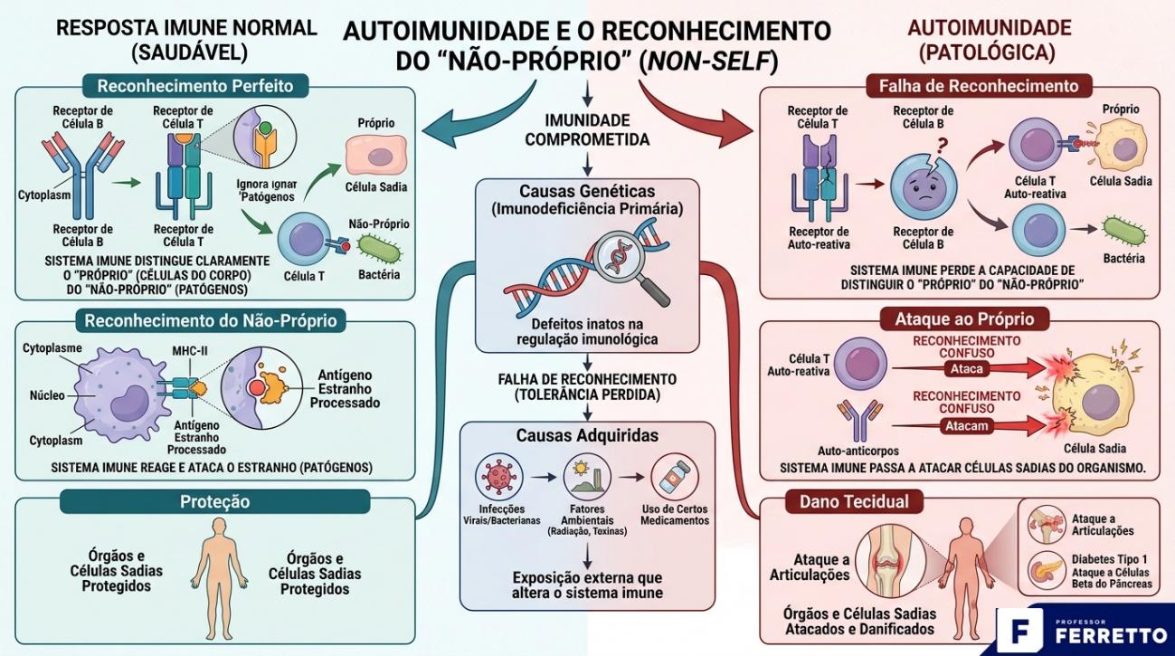 Quadro ilustrativo sobre resposta imune normal do organismo e diferenciação entre imunodeficiência e doença autoimune.
