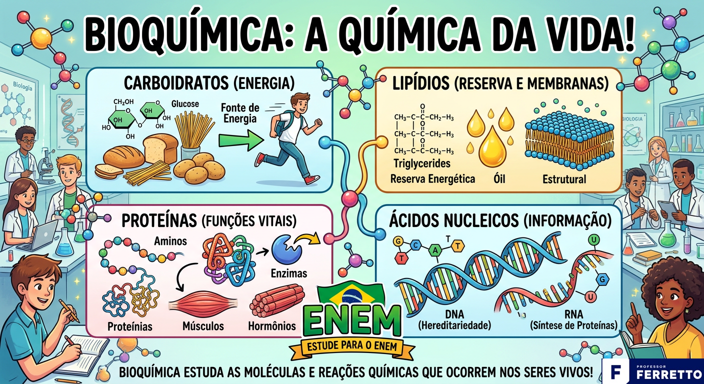 A bioquímica estuda as moléculas e reações químicas que mantêm os seres vivos.