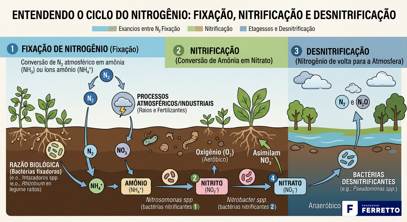 Ciclo do nitrogênio com ilustração do processo de fixação, nitrificação e desnitrificação.