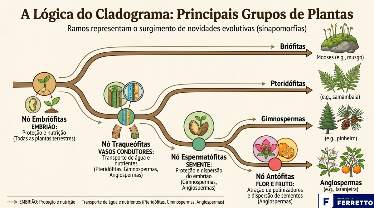 Cladograma dos grupos de plantas, sendo as angiospermas as mais evoluídas.