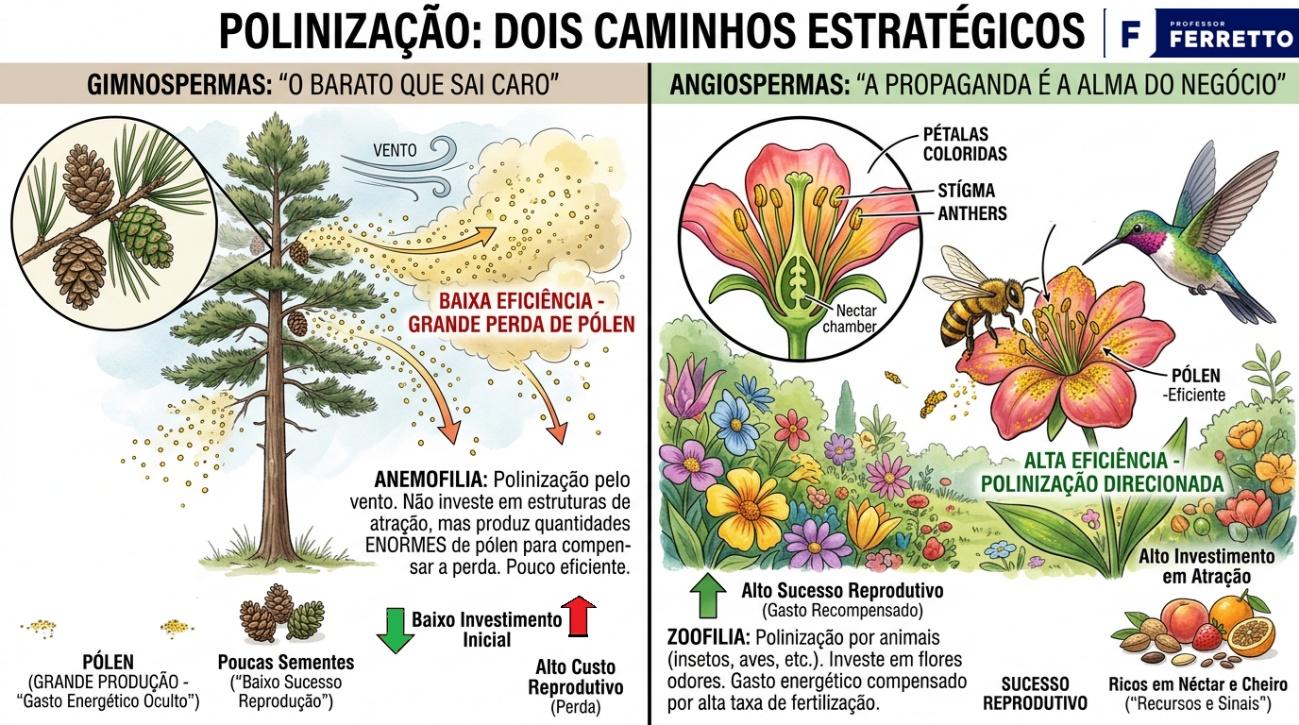 Comparativo entre o processo de polinização das gimnospermas e as angiospermas, sendo o destas mais eficiente.