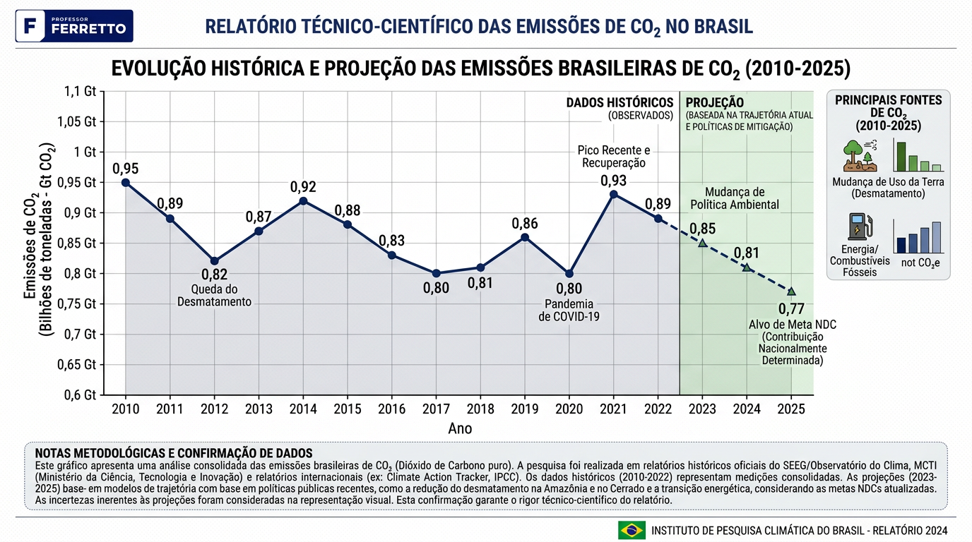Gráfico com a evolução histórica e projeção das emissões de CO2 no Brasil de 2010 a 2015.