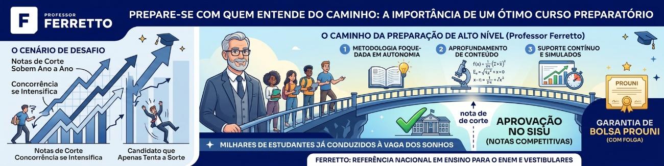 Ilustração demostrando o porquê de o Professor Ferretto ser referência nacional em cursos preparatórios para Enem e vestibulares.