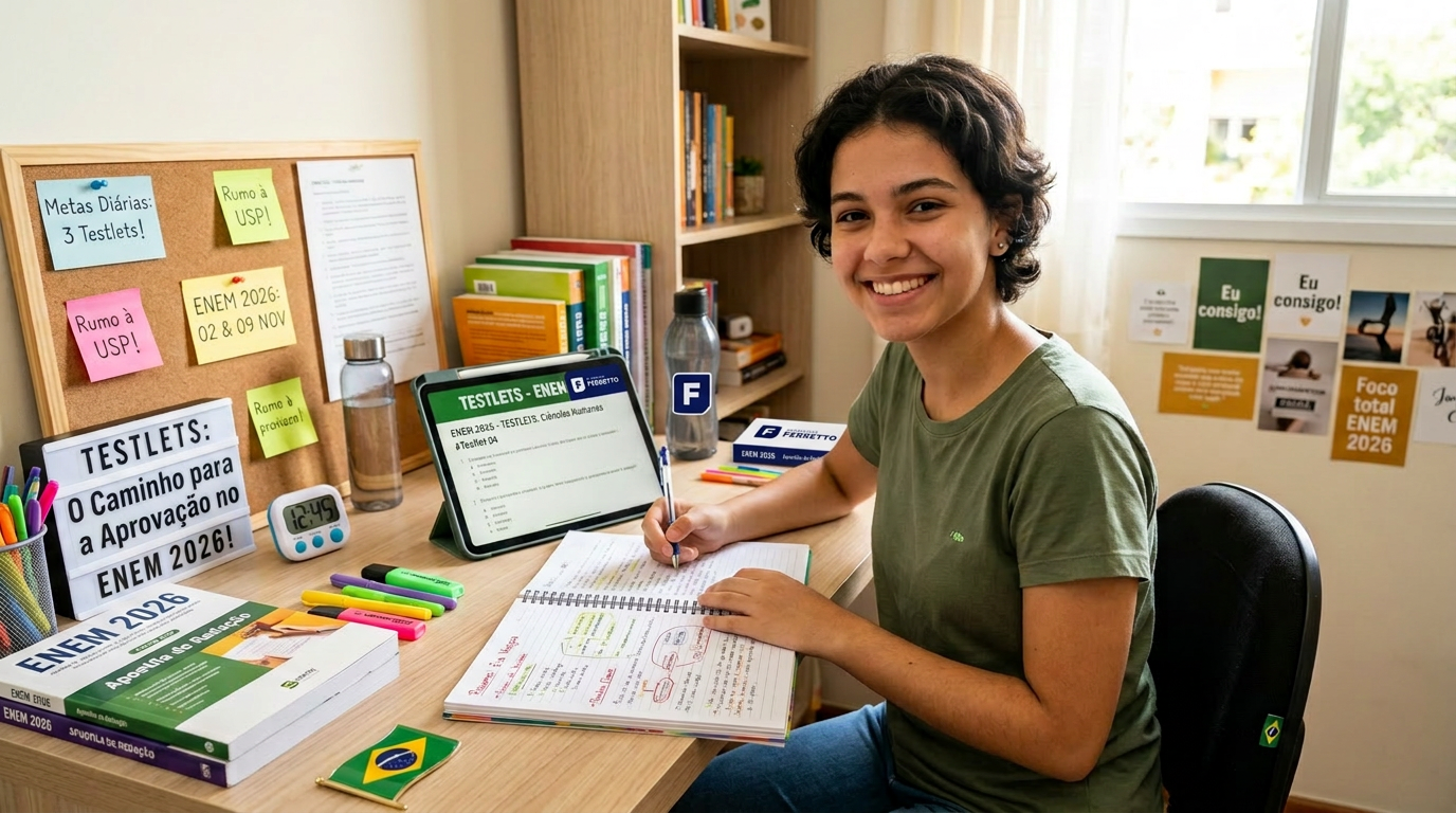 Imagem ilustrativa de uma estudante se preparando para os modelo de avaliação com testlets no Enem 2026,