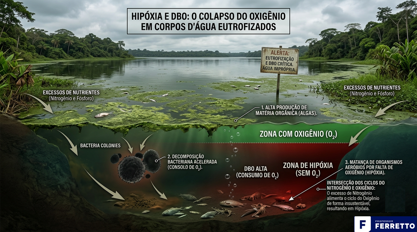 Imagem sobre a eutrofização da água: hipóscia e DBO (demanda bioquímica de oxigênio), resultando em acidificação da água, imprópria para muitos seres aquáticos.