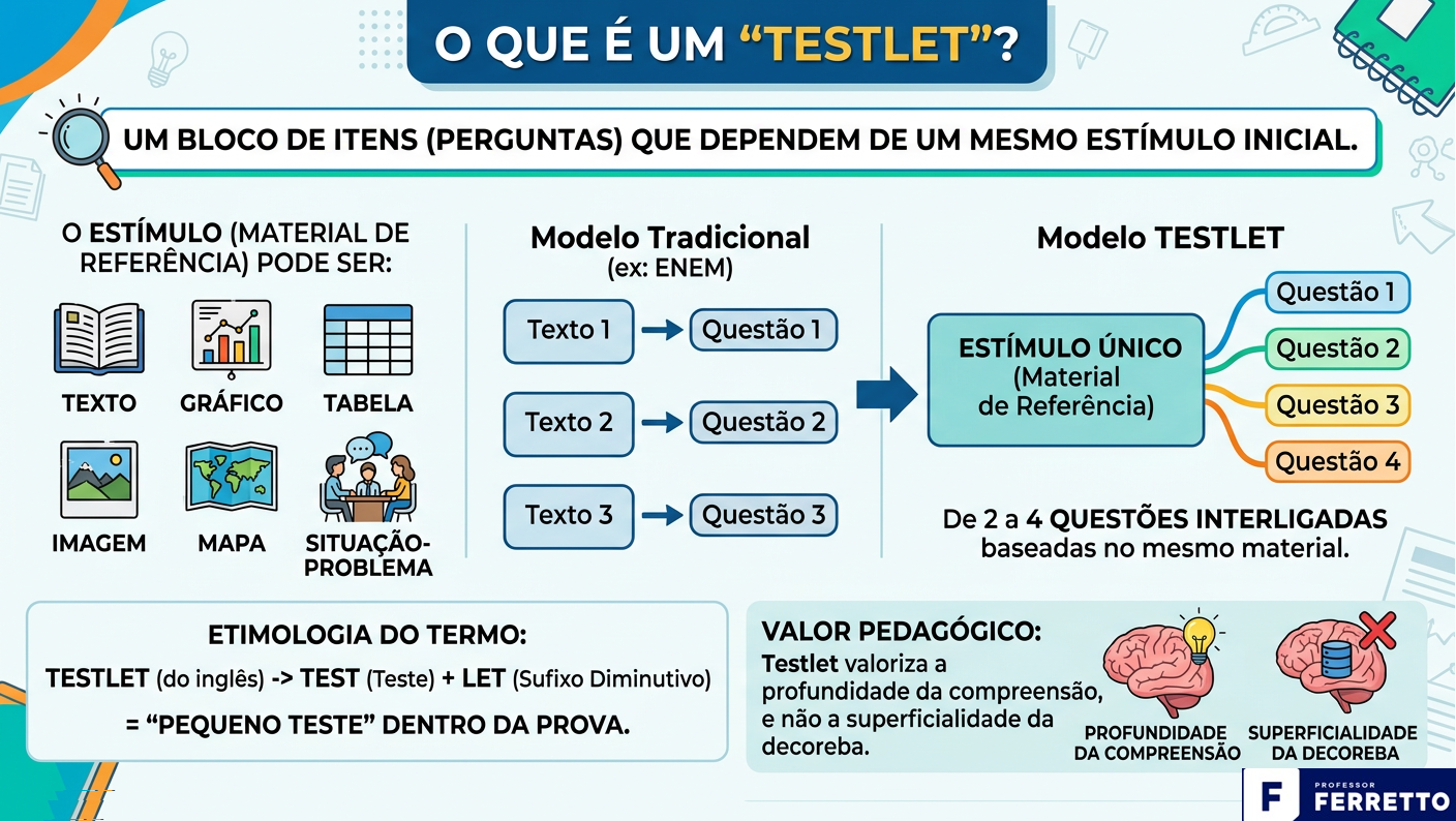 infográfico apresenta de forma resumida que é um testlet e como ele difere do modelo de questões tradicionais.
