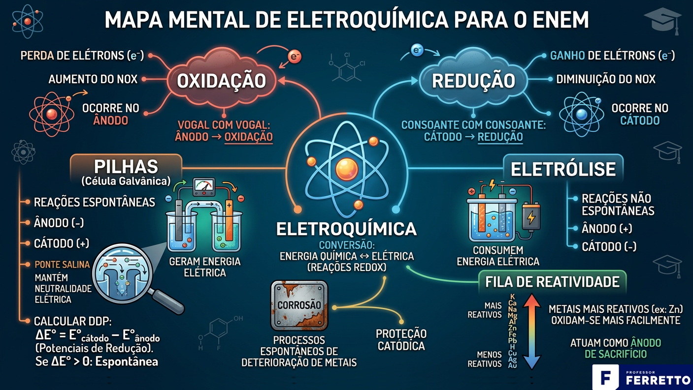 Mapa mental sobre principais questões abordadas em eletroquímica no Enem e vestibulares.