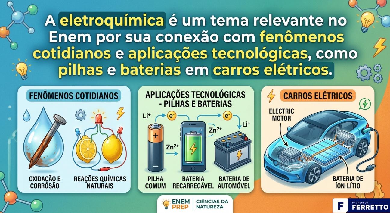 Quadro ilustra o fato de que a eletroquímica é um tema relevante no Enem por sua conexão com fenômenos cotidianos e aplicações tecnológicas, como pilhas e baterias em carros elétricos.