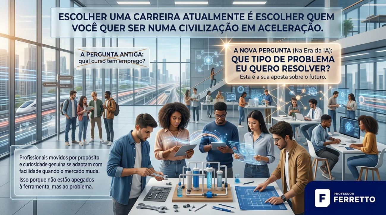 Quadro ilustra que a escolha de uma carreira na era da IA deve levar em conta o questionamento pessoal sobre os tipos de problemas que se quer resolver no futuro.