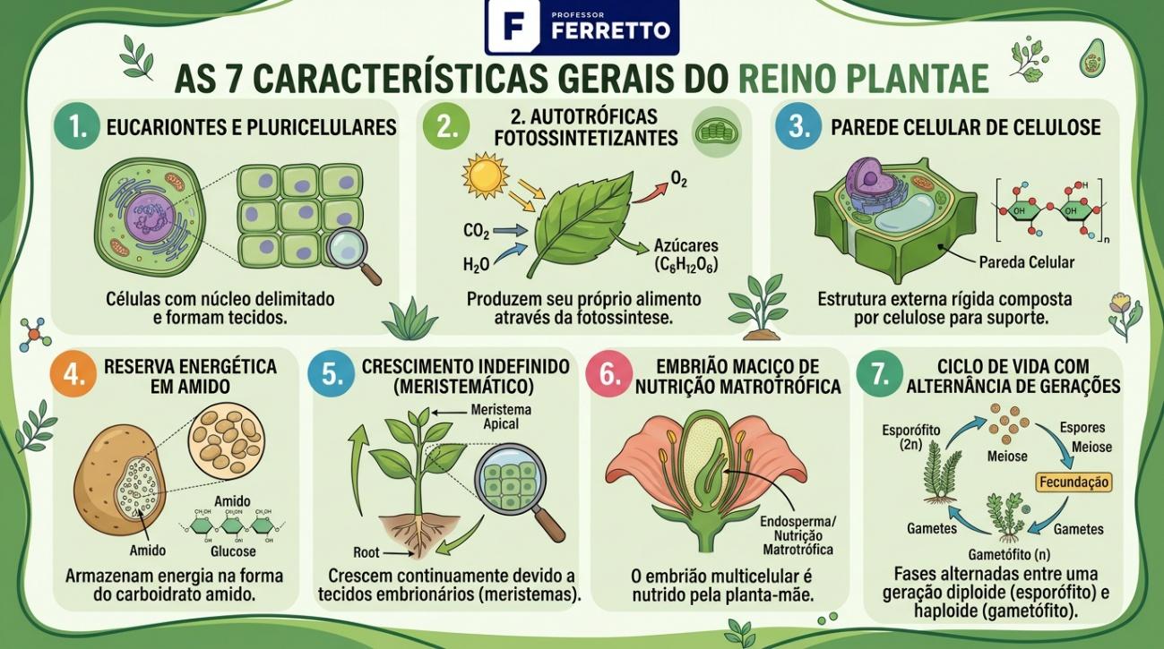 Quadro ilustrativo das 7 características gerais do reino plantae.