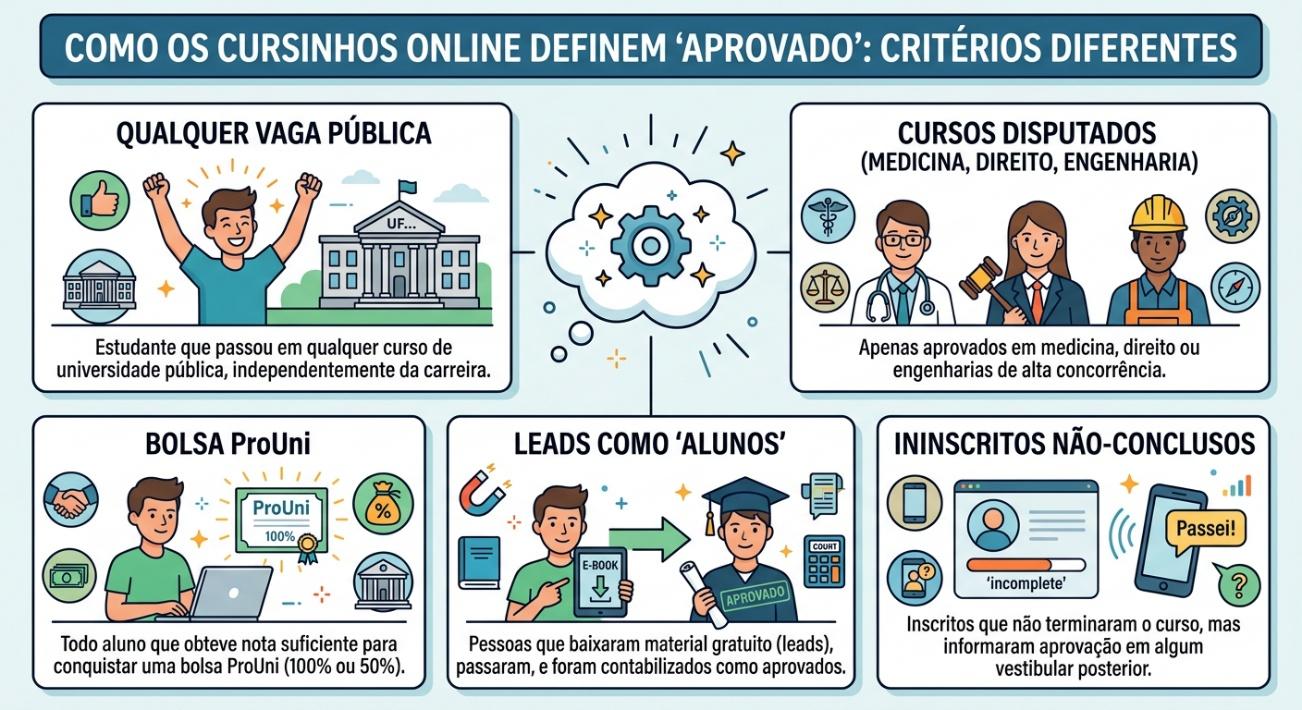 Quadro ilustrativo de como os cursinhos preparatórios online para Enem e vestibulares definem "aprovação" sob diferentes critérios.