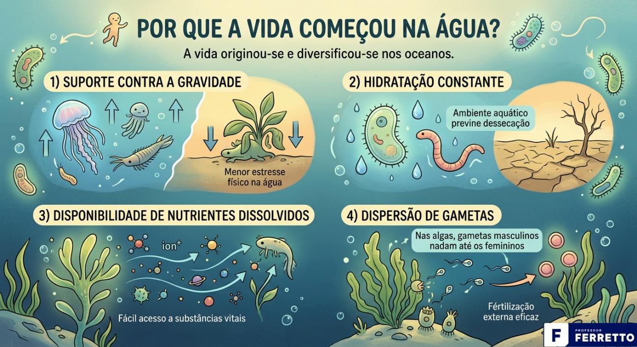 Quadro ilustrativo de o porquê a vida ter começado na água.